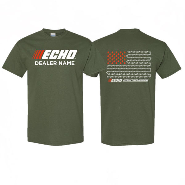 Customizable Logger Tee with Echo logo on front and chainsaw American flag graphic on back