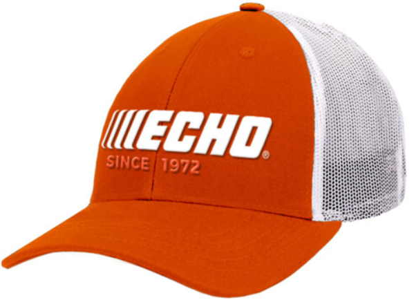 Orange low profile structured hat with white echo logo on front